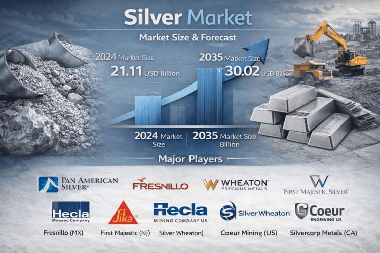 Silver Market Size USD 30.02 Billion by 2035 | Share, Trends, Price & Industry Forecast